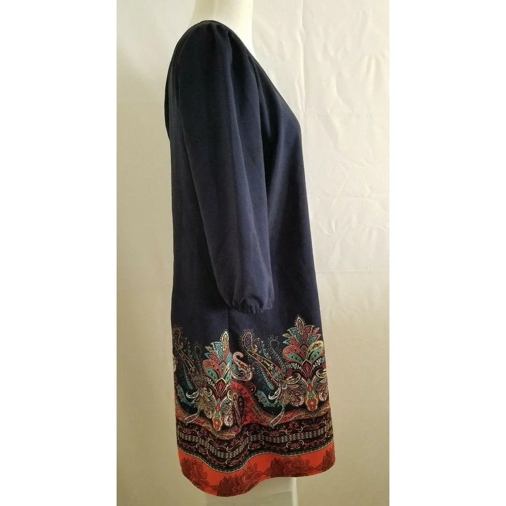 Bebop Women's Navy Blue/Multicolor 3/4 Sleeve Paisley Print Shift Dress Sz Large